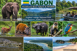 🌊 West & Central Africa River Safaris – Wildlife, Boat Adventures & Scenic Waterways 4 Gabon rainforest river safari collage featuring forest elephants, sitatunga, red river hogs, African buffalo, monkeys, tropical birds, crocodiles, river safaris, lagoons, rainforest, and coastline near Loango National Park.