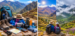 ⛰️ Pisac Ruins, Market & Sacred Valley Adventure 6 ALT Text:Two-image collage showing essential hiking gear for exploring Pisac alongside sunny and misty Sacred Valley mountain conditions with travelers overlooking the Andean landscape.