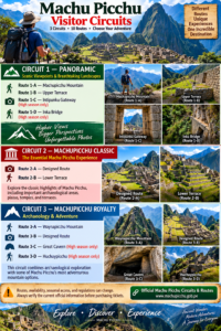 ๐๏ธ Machu Picchu Citadel: Complete Adventure & Visitor Guide 5 Tall Machu Picchu visitor circuits infographic showing Circuit 1 Panoramic, Circuit 2 Machupicchu Classic, and Circuit 3 Machupicchu Royalty with mountain viewpoints, terraces, Inca ruins, gateways, hiking routes, and route information.