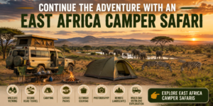 East Africa camper safari with an overland 4×4 camper, tent, campfire, elephants, zebras, waterhole, acacia trees, and mountains across the savanna.