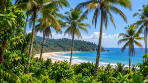 🚙 West & Central Africa Ground Safaris – 4×4 Adventures, Walking Safaris & Wildlife Exploration 3 Tropical rainforest and Atlantic coastline in Gabon with palm trees, beach and blue ocean