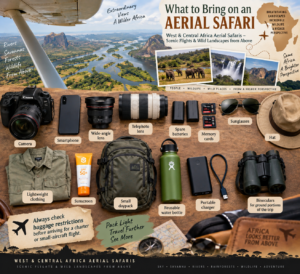 West and Central Africa aerial safari packing collage featuring a camera, smartphone, wide-angle and telephoto lenses, batteries, memory cards, sunglasses, hat, sunscreen, lightweight clothing, daypack, reusable water bottle, portable charger, and binoculars with scenic African landscapes and wildlife from above.