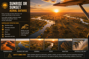 Sunrise aerial safari over Southern Africa showing golden savanna, winding rivers, wetlands and wilderness from a small aircraft.