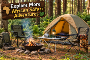 🦍 African Gorilla Trekking & Wildlife Adventures 15 Forest campsite with tent, campfire, chairs, and outdoor cooking gear representing African safari and camping adventures.