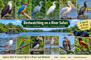 🌊 West & Central Africa River Safaris – Wildlife, Boat Adventures & Scenic Waterways 11 West and Central Africa river safari birdwatching collage featuring African fish eagles, kingfishers, herons, egrets, pelicans, cormorants, terns, bee-eaters, hornbills, waders, raptors, and tropical forest birds.
