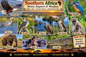 Southern Africa wildlife collage featuring fish eagles, kingfishers, herons, hornbills, vultures, raptors, monkeys, elephants, hippos, and crocodiles around the Okavango Delta.