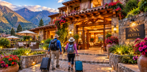 ⛰️ Pisac Ruins, Market & Sacred Valley Adventure 7 Travelers carrying backpacks and rolling luggage toward the entrance of a welcoming mountain hotel surrounded by gardens and dramatic Andean scenery in Peru’s Sacred Valley.