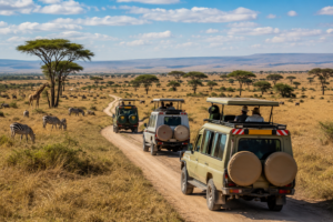 4×4 safari vehicles traveling along a dirt road through the East African savanna with zebras, giraffes, wildebeest, and acacia trees.