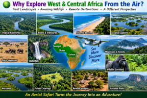 Aerial safari landscapes of West and Central Africa with rainforests, rivers, waterfalls, wetlands and savannas