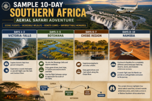 Sample 10-day Southern Africa aerial safari itinerary featuring Victoria Falls, Botswana’s Okavango Delta, the Chobe region and Namibia.