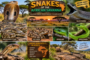 African snakes collage featuring an African cobra, black mamba, African rock python, puff adder, boomslang, and green mamba across savanna and forest habitats.