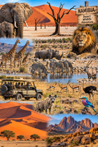 Namibia safari collage featuring elephants, lions, rhinos, giraffes, zebras, oryx, springbok, hyenas, birds, a 4×4 safari vehicle, desert dunes, waterholes, and rocky landscapes.
