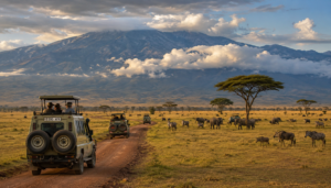 East Africa ground safari with 4×4 vehicles traveling across a savanna surrounded by elephants, zebras, wildebeest, acacia trees, and mountains.
