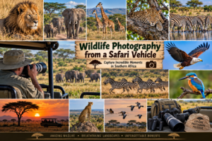 Southern Africa wildlife photography collage featuring lions, elephants, giraffes, leopards, zebras, birds, safari vehicles, cameras, and sunset landscapes.