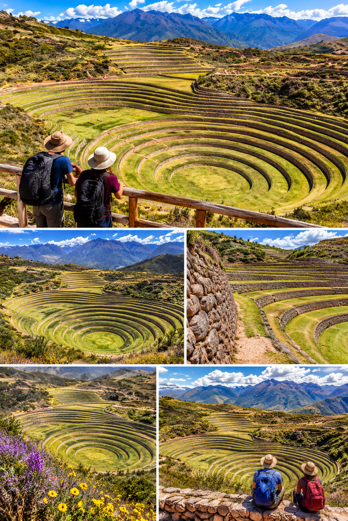 Scenic collage of the Moray Terraces in Peru's Sacred Valley, featuring circular Inca agricultural terraces, ancient stone walls, Andean mountains, and visitors enjoying panoramic viewpoints.