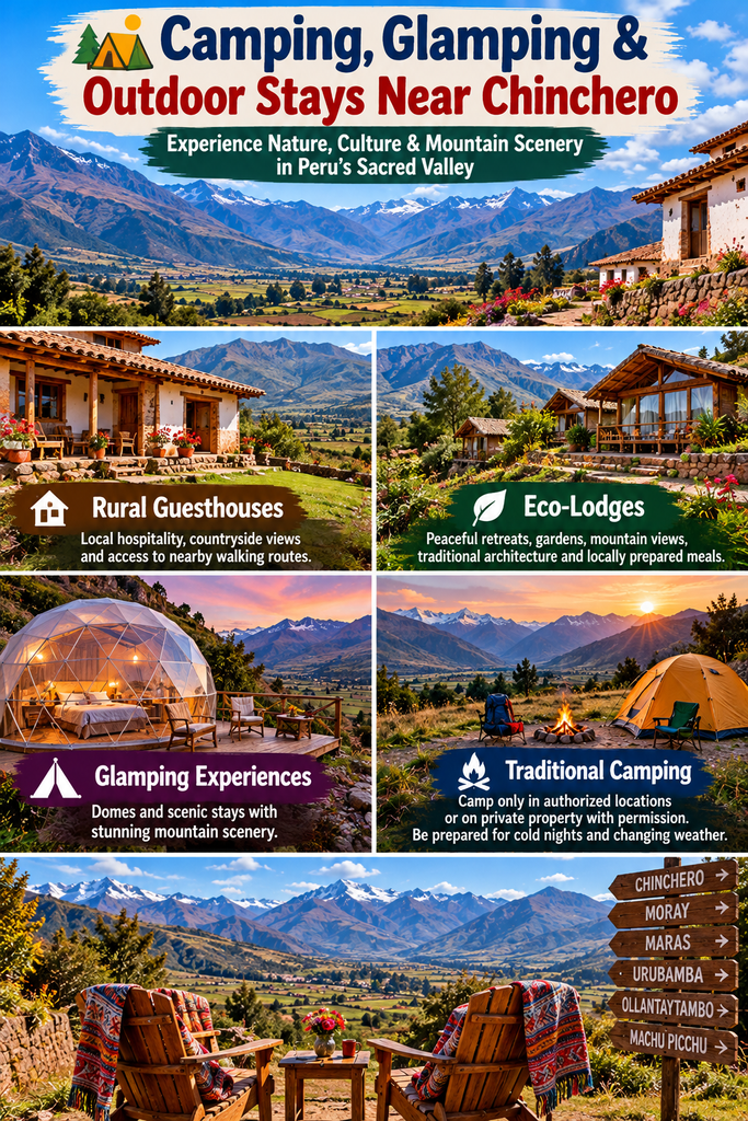 Camping and glamping collage featuring rural guesthouses, eco-lodges, luxury glamping domes, traditional tents, and scenic Andean mountain landscapes near Chinchero, Peru.