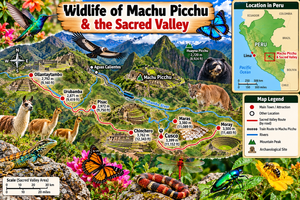 Wildlife Of Machu Picchu & The Sacred Valley: Animals, Birds, Snakes & Lizards 7 Wildlife map of Machu Picchu and the Sacred Valley in Peru showing Machu Picchu, Aguas Calientes, Ollantaytambo, Urubamba, Pisac, Cusco, Maras, Moray, Chinchero, rivers, routes, and Andean wildlife.