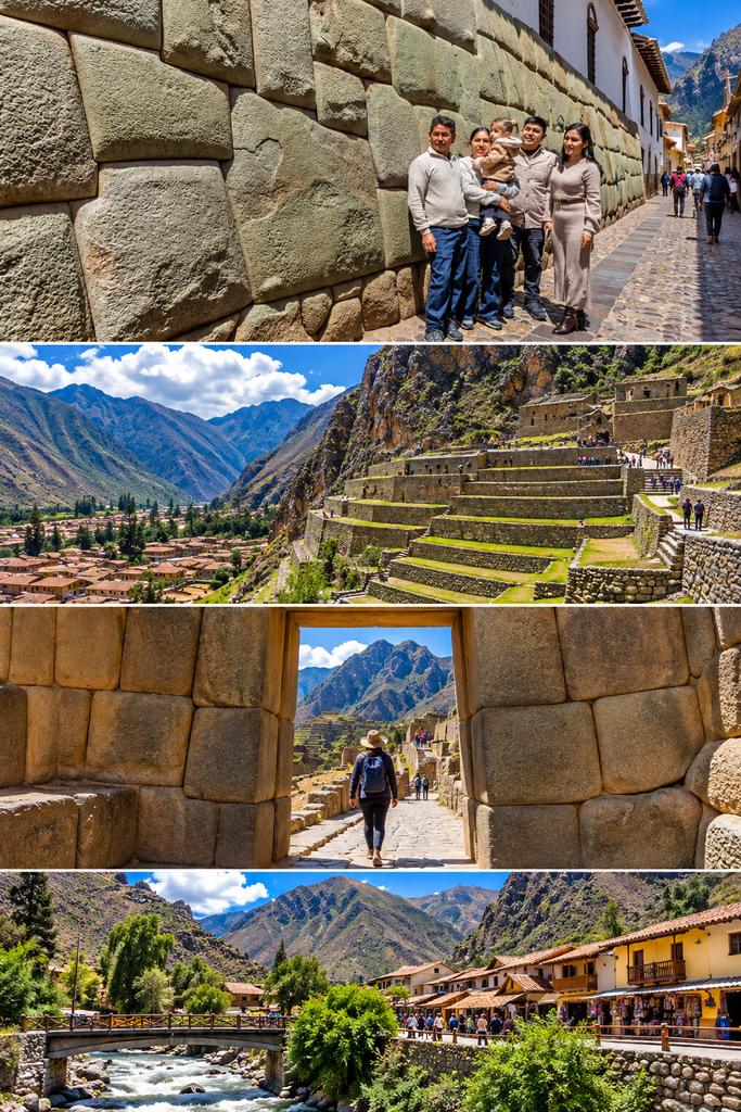 Realistic travel collage of Ollantaytambo, Peru, featuring ancient Inca stone walls, archaeological terraces, historic stone gateways, cobblestone pathways, a scenic river, and traditional Andean village buildings surrounded by mountains.
