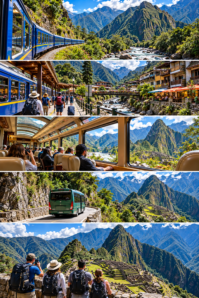 Realistic five-panel travel collage showing the Machu Picchu scenic train journey through Peru's Sacred Valley, featuring a blue passenger train, Aguas Calientes, panoramic train windows, a mountain shuttle bus, and tourists exploring Machu Picchu.