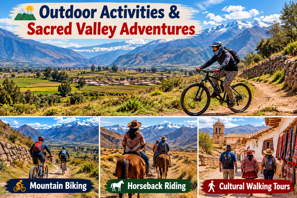 Sacred Valley Peru adventure collage featuring mountain biking, horseback riding, cultural walking tours, traditional Andean villages, and spectacular mountain scenery.