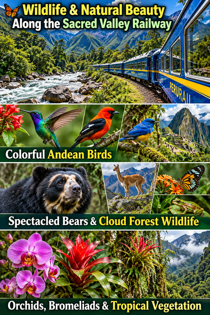Wildlife and natural beauty along Peru's Sacred Valley Railway featuring colorful Andean birds, spectacled bears, butterflies, frogs, orchids, bromeliads, cloud forests, and a scenic PeruRail train traveling toward Machu Picchu.