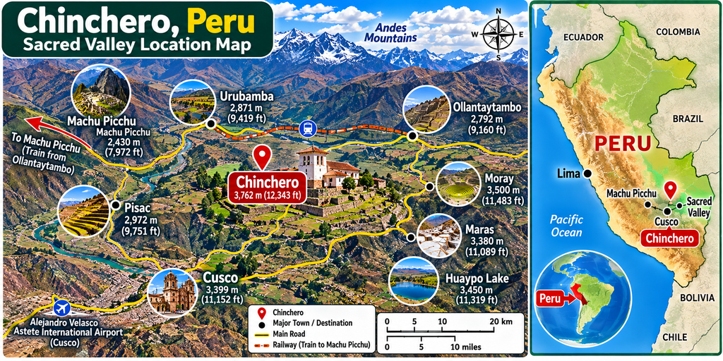Illustrated map of Chinchero, Peru, showing its location in the Sacred Valley near Cusco, Urubamba, Ollantaytambo, Pisac, Moray, Maras, and Machu Picchu, with a smaller map of Peru.