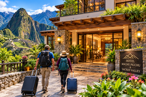 Wildlife Of Machu Picchu & The Sacred Valley: Animals, Birds, Snakes & Lizards 6 Travelers walking toward a luxury hotel entrance near Machu Picchu with luggage, backpacks, lush gardens, and dramatic Peruvian Andes scenery.