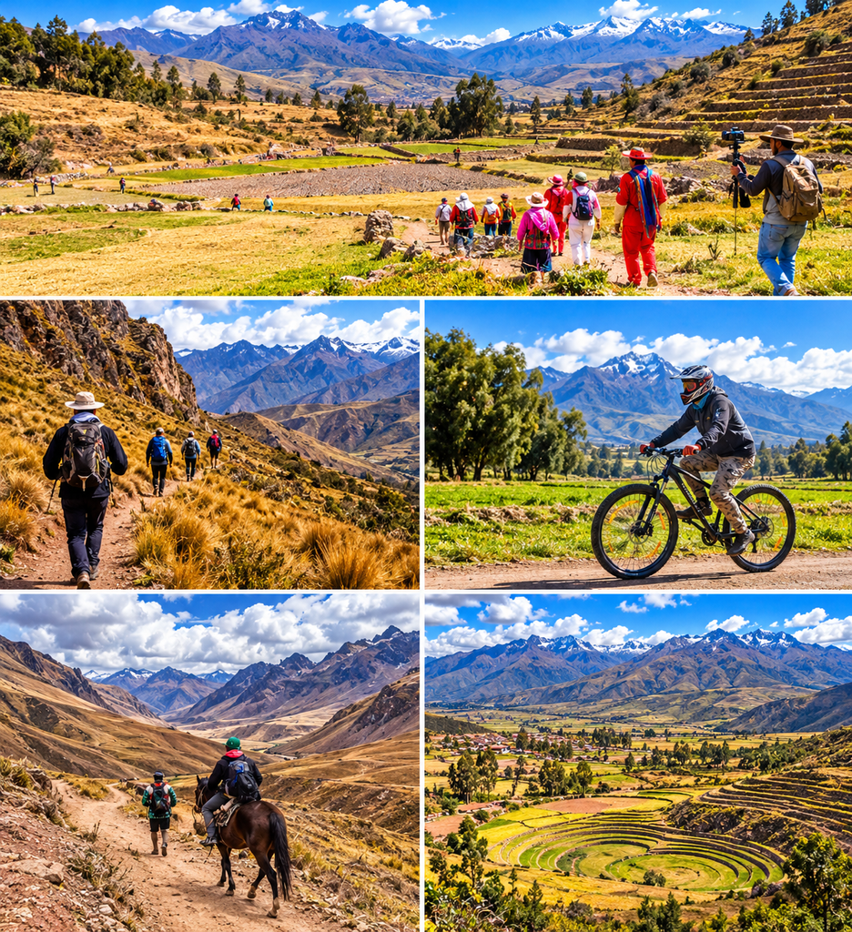 Scenic collage of outdoor adventures near Maras and Moray in Peru's Sacred Valley, featuring hikers, mountain biking, horseback riding, traditional Andean culture, agricultural terraces, and mountain landscapes.