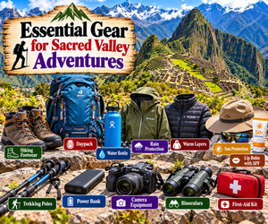 Machu Picchu & Sacred Valley Mountain Adventures: Hiking, Scenery & Outdoor Experiences 13 Essential gear for Sacred Valley adventures featuring hiking boots, daypack, water bottle, rain jacket, warm layers, sun protection, trekking poles, power bank, camera, binoculars, and first-aid kit.