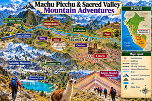 Machu Picchu & Sacred Valley Mountain Adventures: Hiking, Scenery & Outdoor Experiences 14 Illustrated map of Machu Picchu and Sacred Valley mountain adventures showing Cusco, Pisac, Urubamba, Ollantaytambo, Machu Picchu, Humantay Lake, Salkantay Mountain, Rainbow Mountain, and major travel routes in Peru.