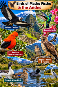 Wildlife Of Machu Picchu & The Sacred Valley: Animals, Birds, Snakes & Lizards 3 Birds of Machu Picchu and the Andes collage featuring an Andean condor, hummingbirds, Andean cock-of-the-rock, eagles, hawks, falcons, ducks, and water birds in Peru.