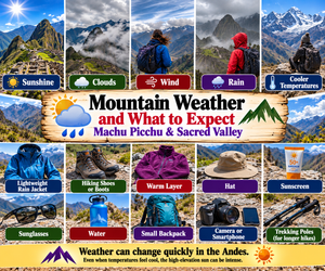 Machu Picchu & Sacred Valley Mountain Adventures: Hiking, Scenery & Outdoor Experiences 10 ALT: Mountain weather and hiking gear infographic for Machu Picchu and the Sacred Valley showing sunshine, clouds, wind, rain, cool temperatures, and essential hiking equipment.