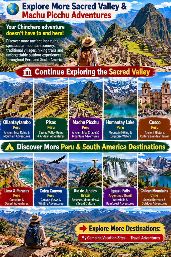 Sacred Valley and South America travel collage featuring Ollantaytambo, Pisac, Machu Picchu, Humantay Lake, Cusco, Lima, Colca Canyon, Rio de Janeiro, Iguazu Falls, and Chilean mountains.