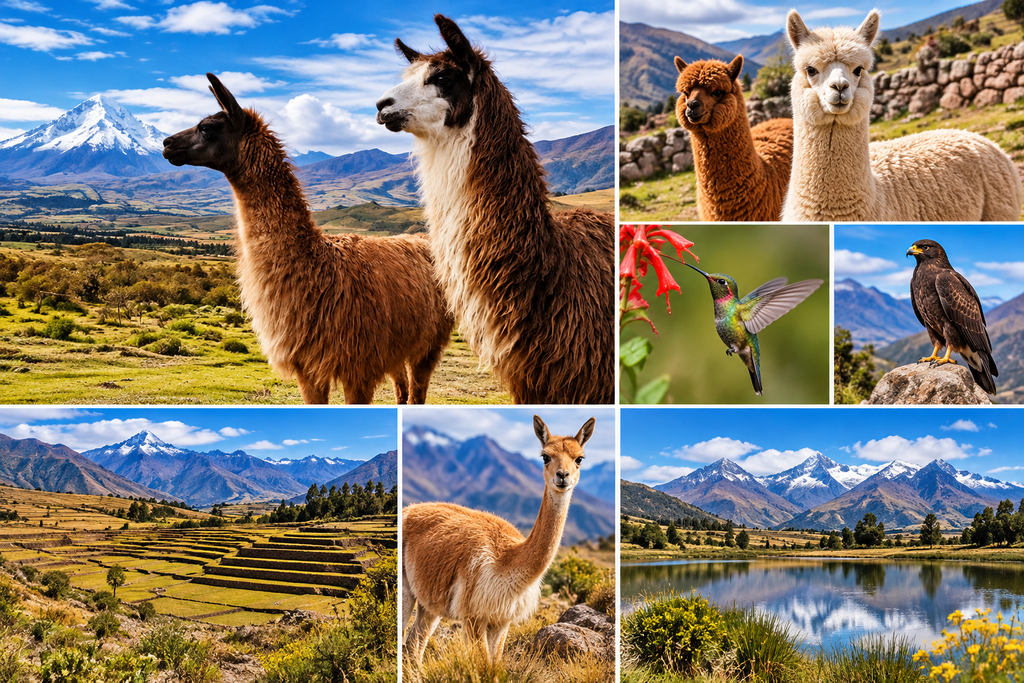 Andean wildlife and mountain scenery collage featuring llamas, alpacas, a hummingbird, a bird of prey, ancient agricultural terraces, and snow-capped mountains in Peru.