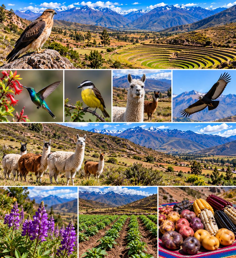 Colorful collage of Andean wildlife and nature near Maras and Moray in Peru's Sacred Valley, featuring hummingbirds, birds of prey, llamas, alpacas, mountain wildflowers, agricultural terraces, and traditional crops.