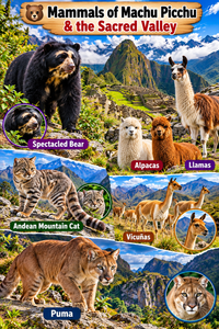 Wildlife Of Machu Picchu & The Sacred Valley: Animals, Birds, Snakes & Lizards 2 Mammals of Machu Picchu and the Sacred Valley collage featuring a spectacled bear, Andean mountain cat, puma, vicuñas, alpacas, and llamas surrounded by dramatic Peruvian Andes scenery.