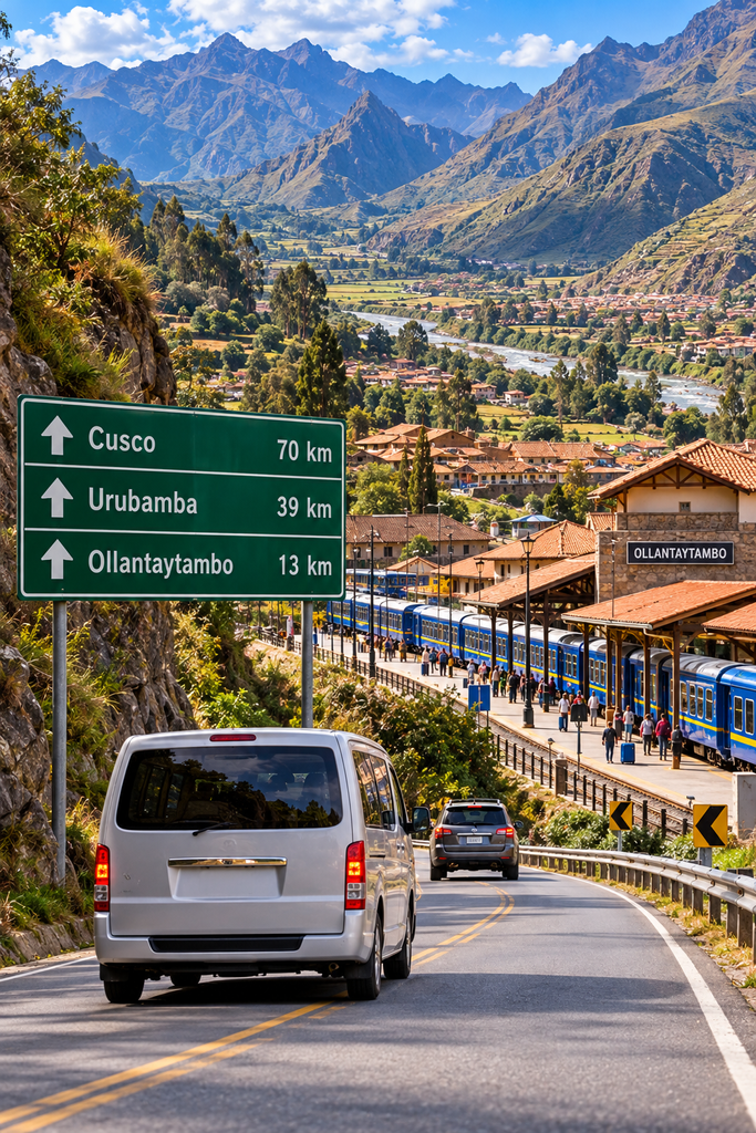 Scenic road journey through Peru's Sacred Valley toward Ollantaytambo Railway Station, featuring a passenger van, blue-and-yellow trains, traditional Andean buildings, green valleys, and towering mountains.