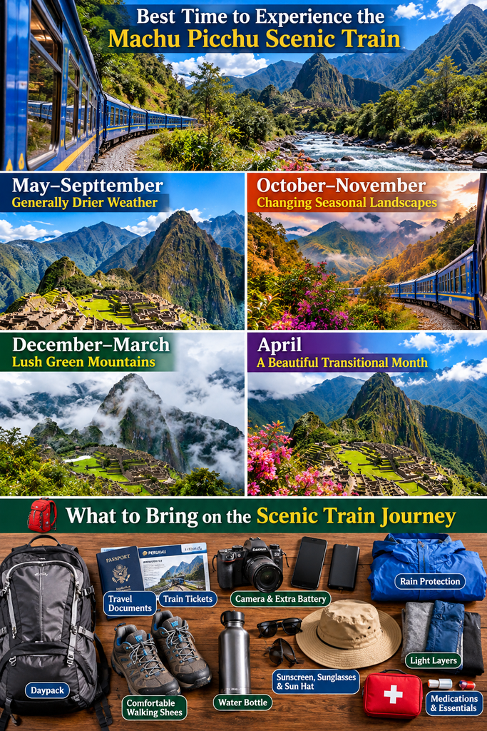 Colorful travel collage showing the best time to experience the Machu Picchu scenic train in Peru, featuring dry and rainy season landscapes, Andean mountains, PeruRail trains, and essential travel gear for the journey.