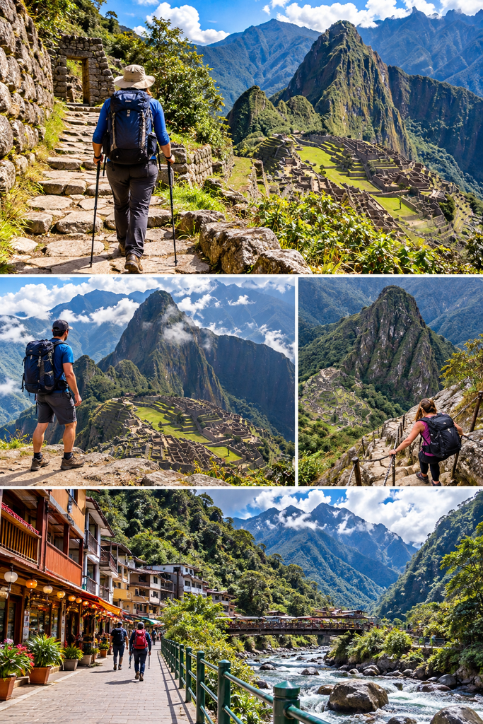 Realistic collage of hiking adventures near Machu Picchu, Peru, featuring the Short Inca Trail, Machu Picchu Mountain, Huayna Picchu, ancient Inca terraces, and scenic riverside walking paths in Aguas Calientes.