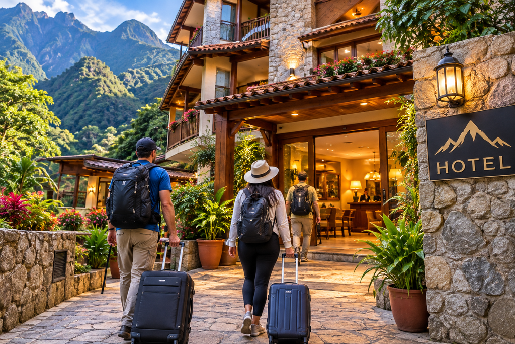 Travelers with backpacks and rolling suitcases walking toward a beautiful mountain hotel near Machu Picchu, Peru, surrounded by lush tropical gardens, colorful flowers, and spectacular Andean mountains.