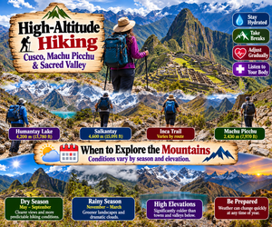 Machu Picchu & Sacred Valley Mountain Adventures: Hiking, Scenery & Outdoor Experiences 11 High-altitude hiking collage for Cusco, Machu Picchu, and the Sacred Valley featuring Humantay Lake, Salkantay, the Inca Trail, mountain weather, and seasonal hiking conditions.