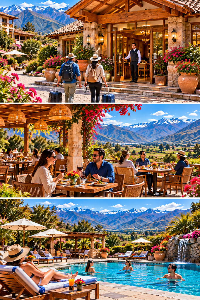 Three-image hotel collage showing guests arriving at a luxury Sacred Valley lodge, people dining at a mountain-view restaurant, and vacationers swimming and relaxing beside a resort pool in Peru.