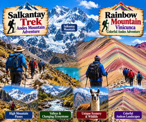 Machu Picchu & Sacred Valley Mountain Adventures: Hiking, Scenery & Outdoor Experiences 7 Salkantay Trek and Rainbow Mountain collage featuring hikers, snow-covered Andean peaks, high mountain passes, turquoise water, valleys, wildlife, and the colorful slopes of Vinicunca in Peru.
