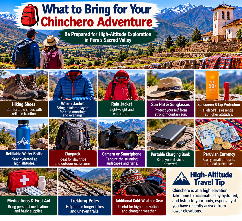 Chinchero Peru travel packing checklist featuring hiking boots, warm jackets, rain gear, sun protection, water bottle, backpack, camera, portable charger, Peruvian currency, first-aid kit, and trekking poles.