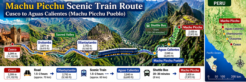 Wide illustrated map of the Machu Picchu scenic train route in Peru, showing Cusco, Urubamba, Ollantaytambo, Aguas Calientes, the Sacred Valley, and the shuttle bus connection to Machu Picchu, with a Peru locator mini map.