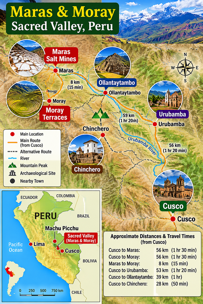 Illustrated travel map of Maras Salt Mines and Moray Terraces in Peru's Sacred Valley, showing Cusco, Chinchero, Urubamba, Ollantaytambo, mountain routes, and a smaller location map of Peru.