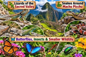 Wildlife Of Machu Picchu & The Sacred Valley: Animals, Birds, Snakes & Lizards 4 Wildlife collage featuring lizards and snakes around Machu Picchu and the Sacred Valley, along with colorful butterflies, dragonflies, beetles, bees, and other insects.