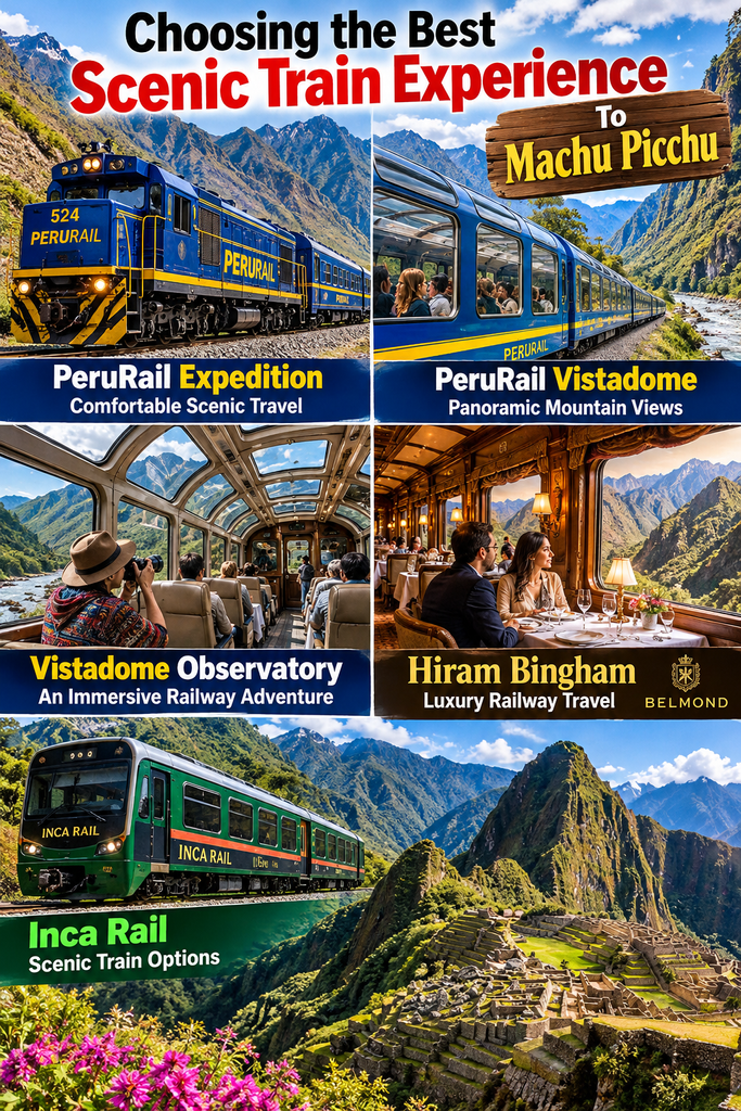 Scenic train journeys to Machu Picchu, Peru, featuring PeruRail Expedition, Vistadome, Vistadome Observatory, luxury Hiram Bingham, and Inca Rail against spectacular Andean mountain landscapes.