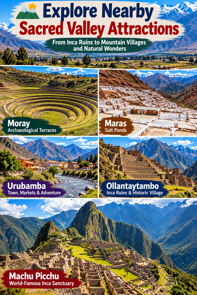 Sacred Valley Peru travel collage featuring Moray circular Inca terraces, Maras salt ponds, Urubamba, Ollantaytambo ruins, and Machu Picchu surrounded by the Andes Mountains.
